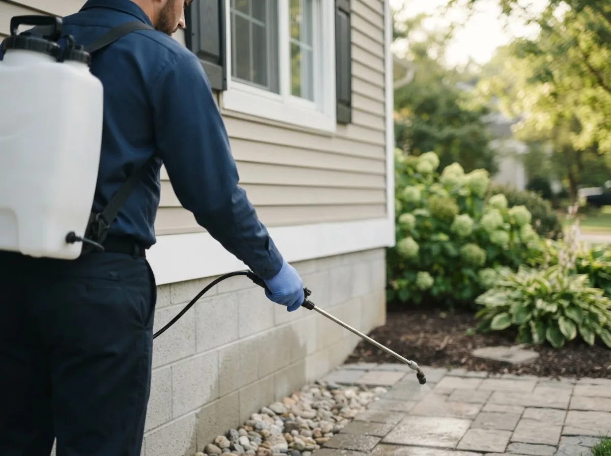 Pest control technician inspecting a home in Rocky Ridge, OH
